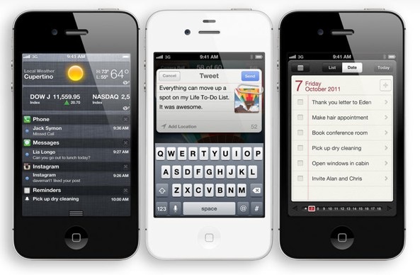 iPhone 4S (three-up, Weather, Reminders, Twitter).