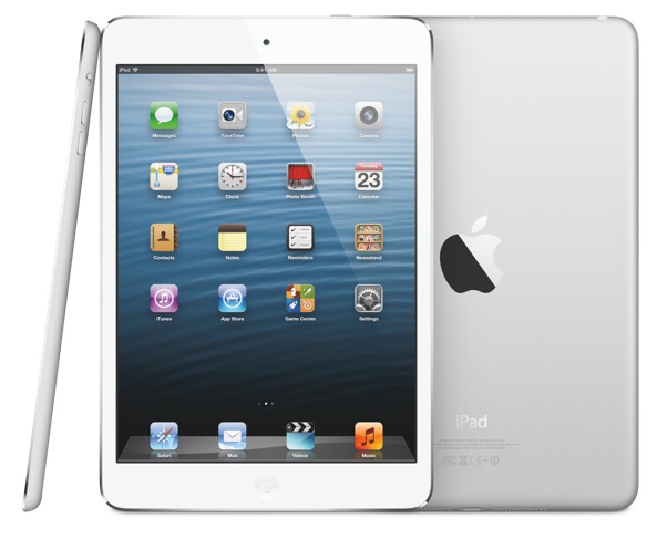 iPad mini (three-up, front, back, profile, white)
