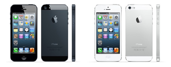 iPhone 5 (three-up, profile, front, back, black and white)