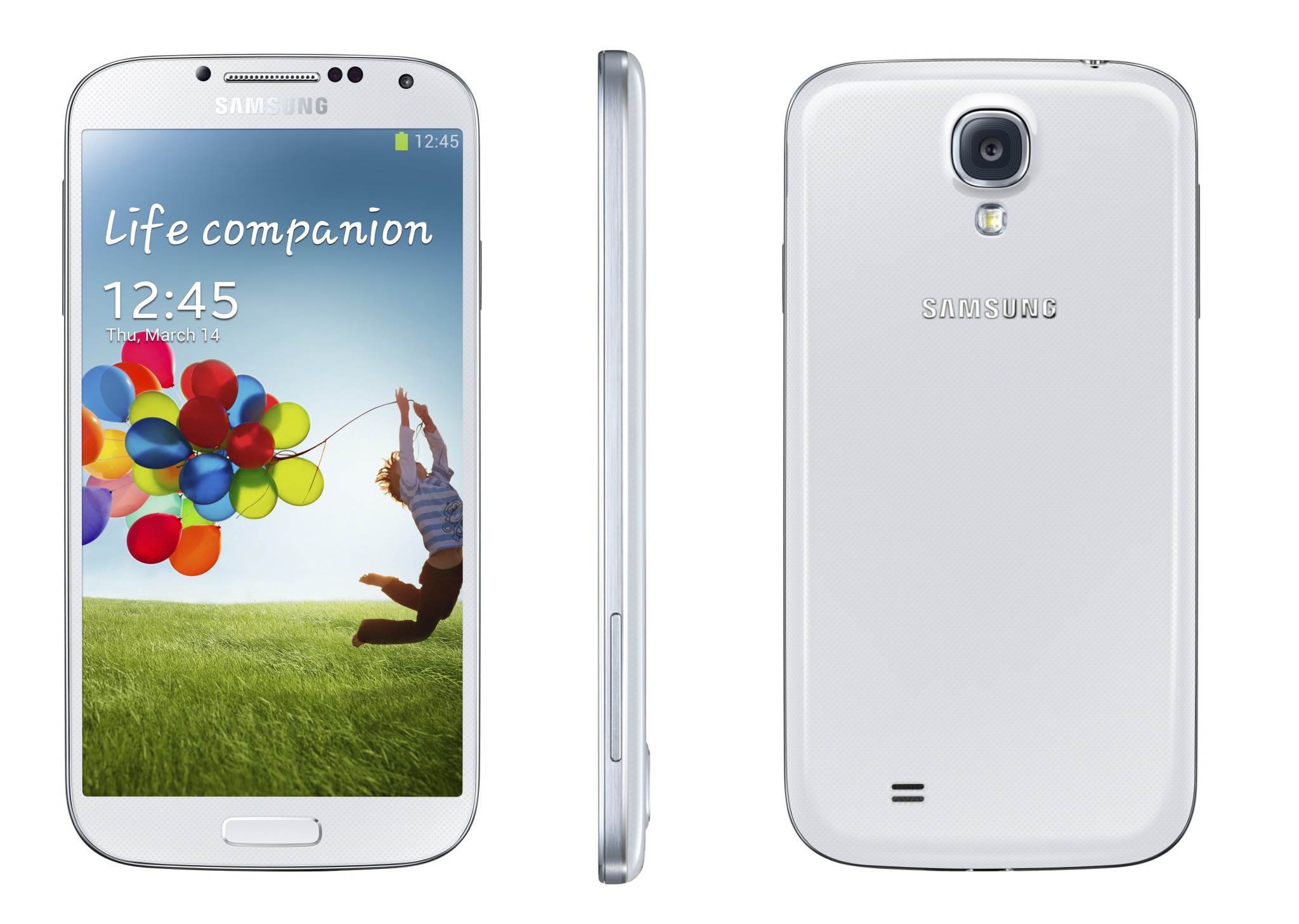 Samsung Galaxy S 4 (white, three up, front, profile, back)