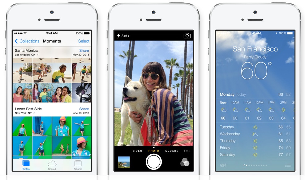 iOS 7 (three-up, Photos, Camera, Weather)
