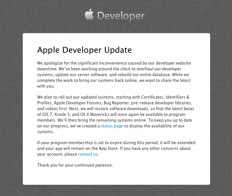 Apple Dev Center outage (seventh day)