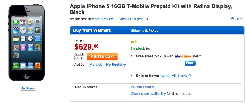 Walmart (prepaid iPhone 5 on T-Mobile)