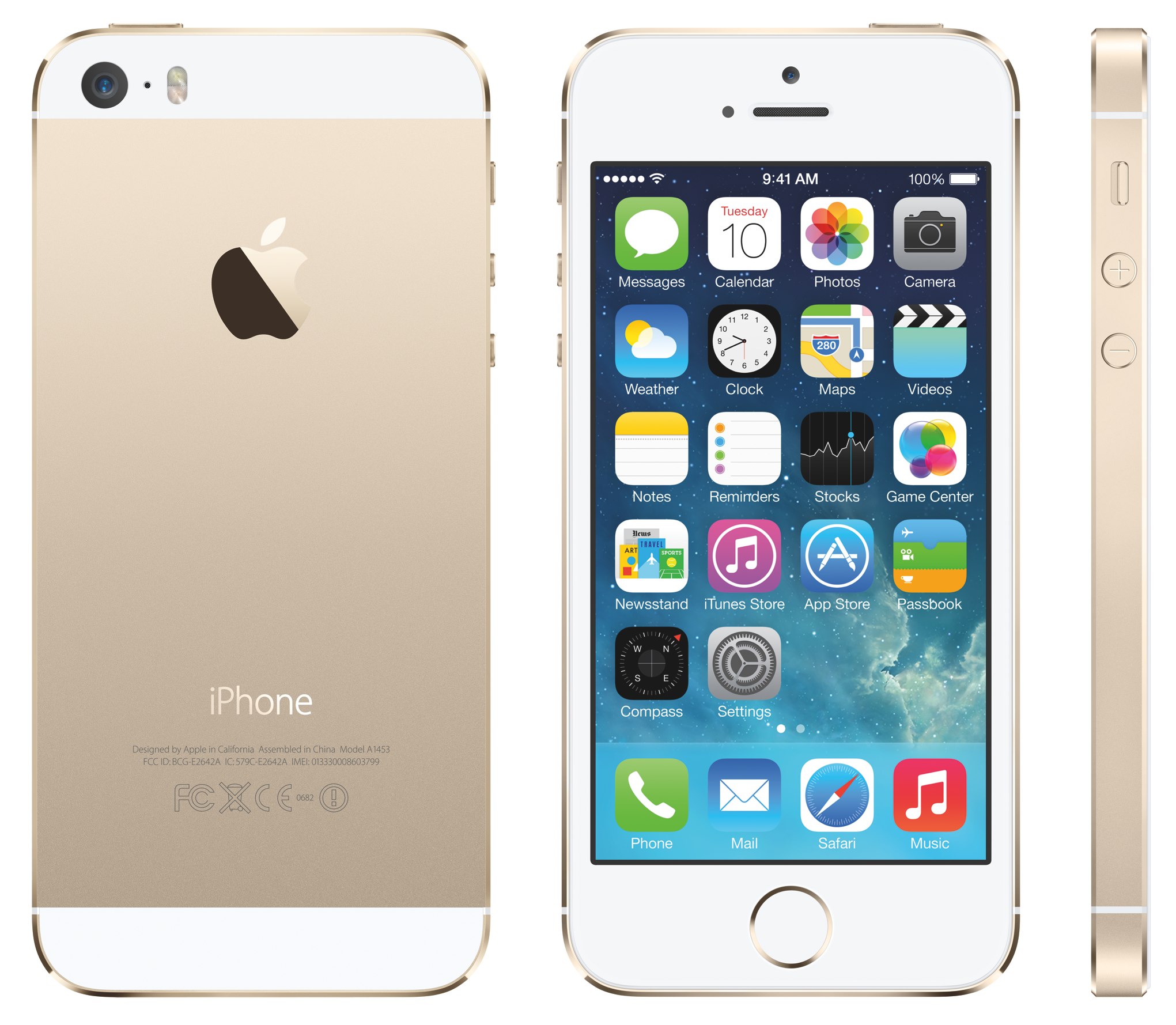 iPhone 5s (gold, three up, back, front, profile)