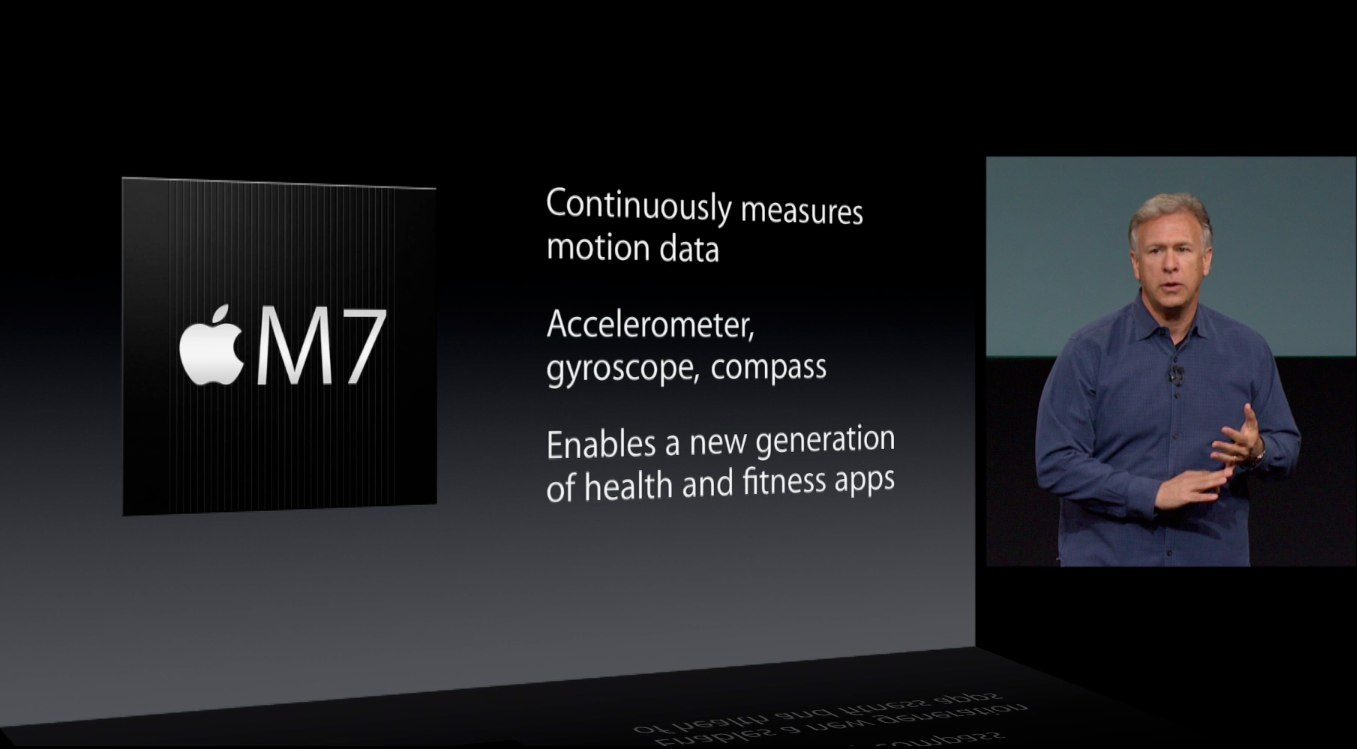 iPhone 5s keynote (M7 specs slide)