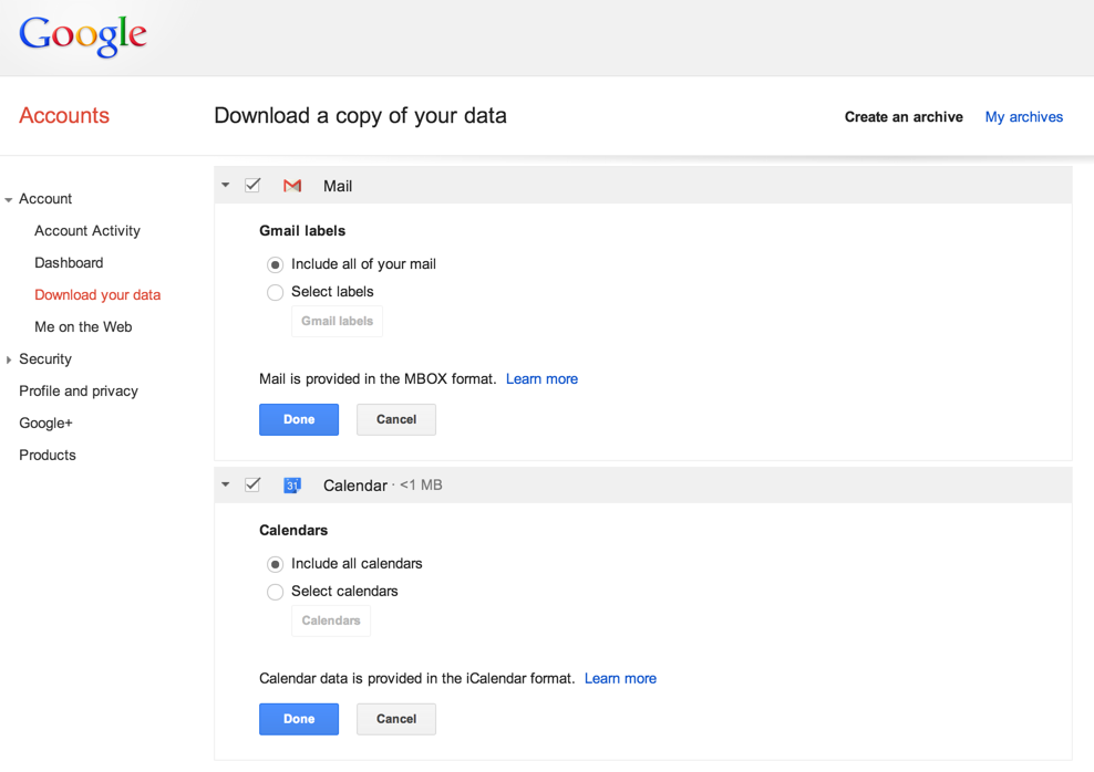 Dane z Gmaila i Kalendarza Google'a
