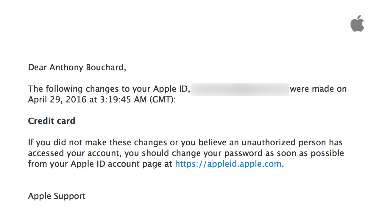Apple ID credit card changes email confirmation