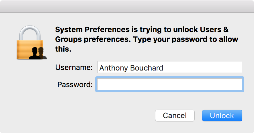 OS X System Preferences is trying to unlock users & groups pefernces type your password to allow this