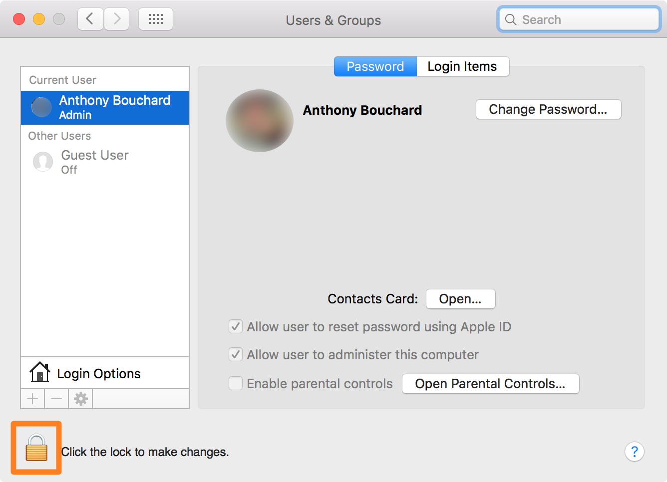 OS X create guest account unlock button