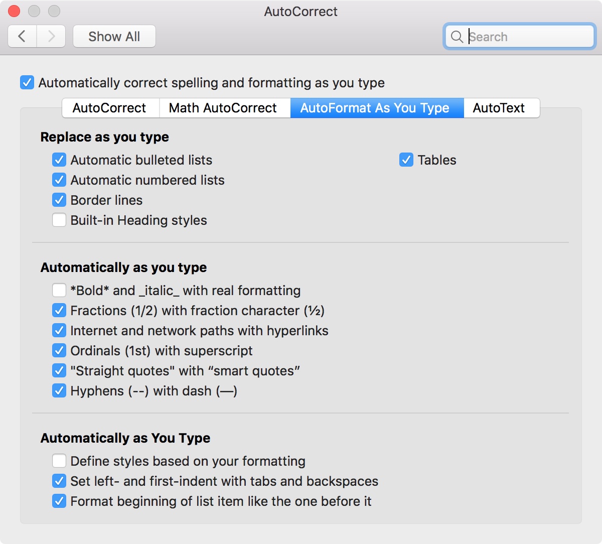 Word AutoCorrect AutoFormat Mac