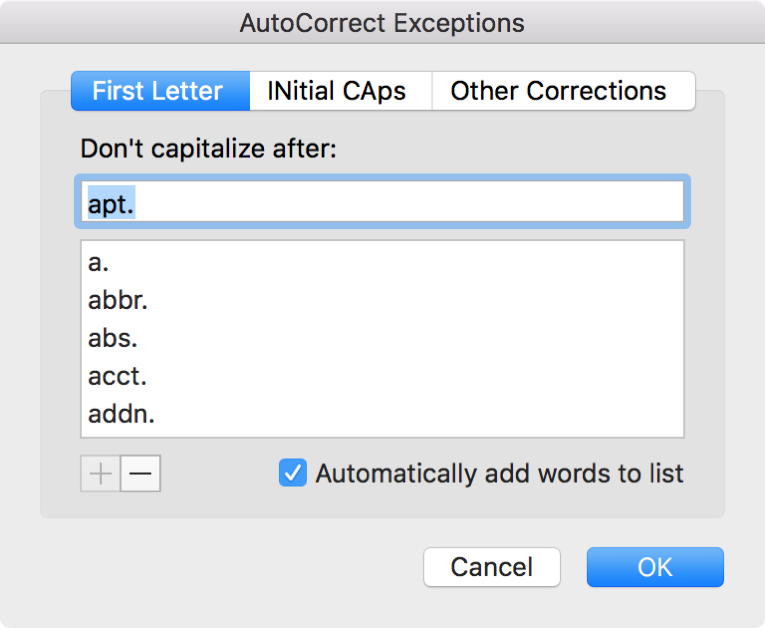 Word AutoCorrect Exceptions Mac