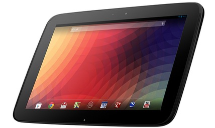 Nexus 10 (front, right-angled, home screen)