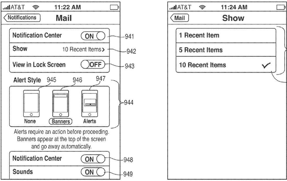 Apple patent (iOS Notification Center, drawing 010)