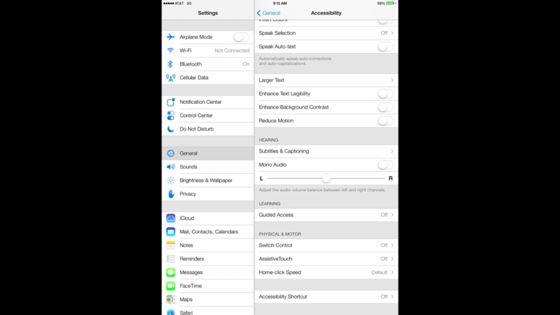 iOS 7 (iPad, Settings, General, Accessibility)