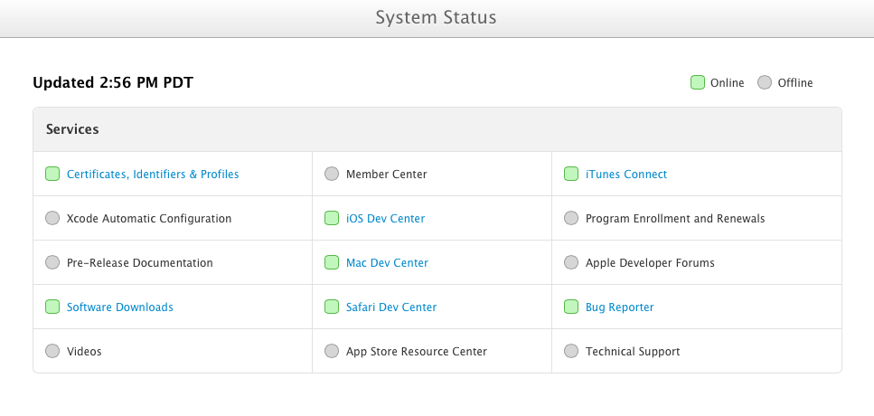 Apple Dev Center System Status (20130726)