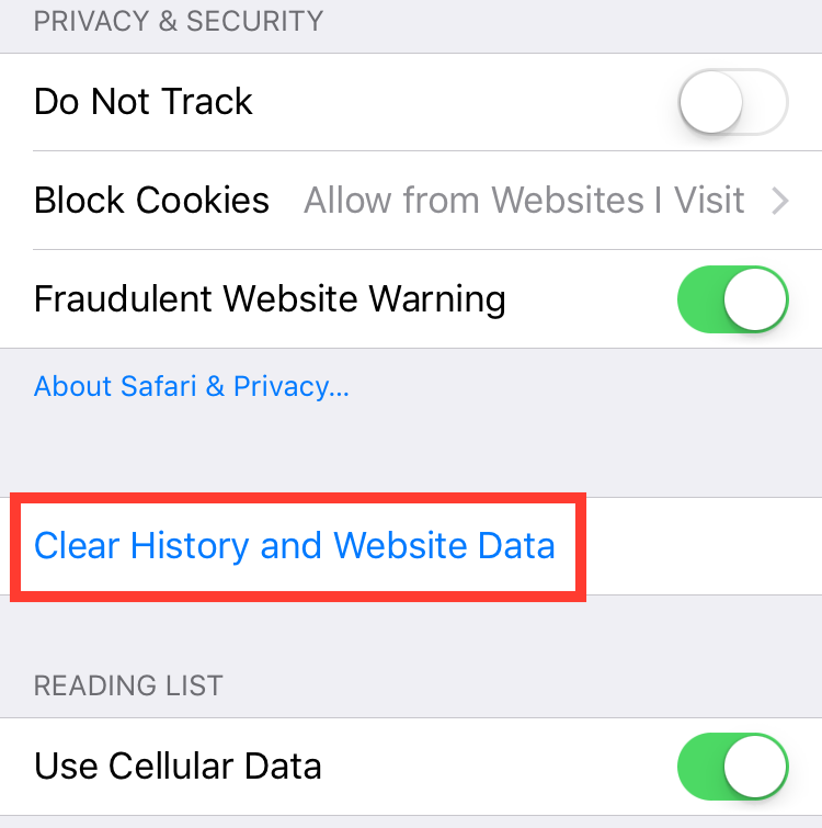 Safari clear history website data