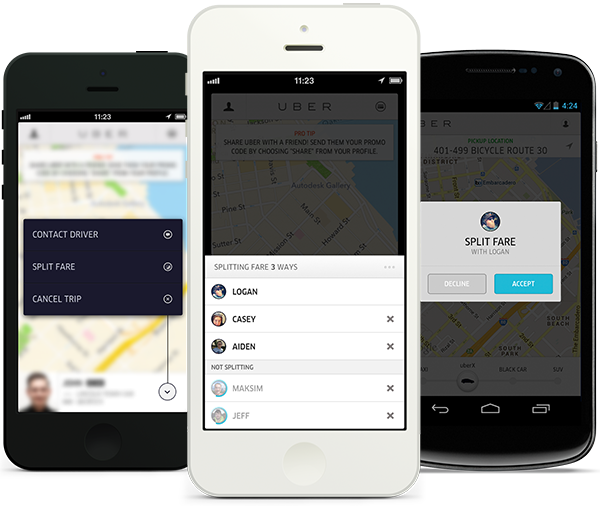 Uber (fare splitting, iPhone, three up)
