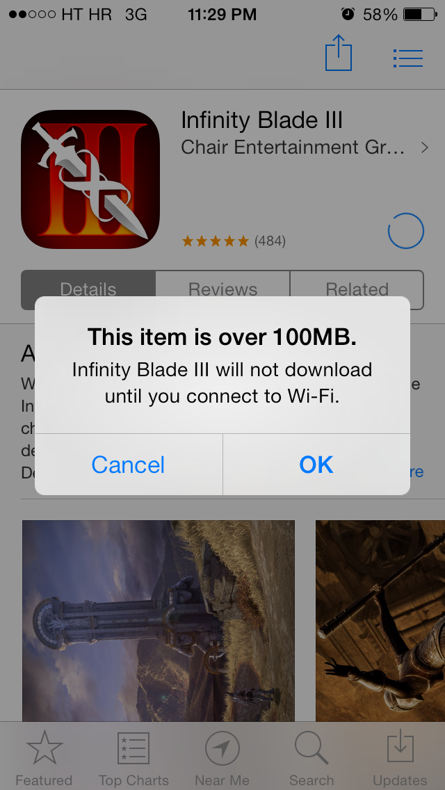 App Store (100MB limit prompt)