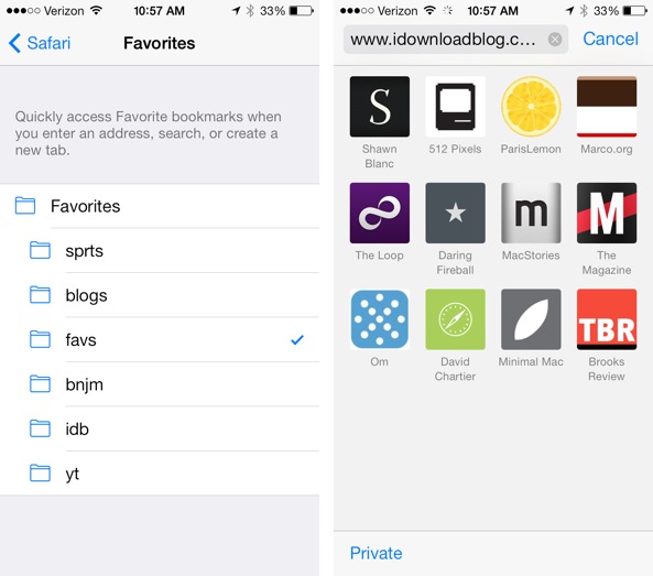 Safari iOS 7 settings Favorites