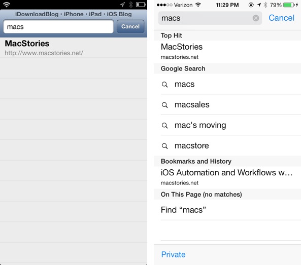 iOS 7 vs iOS 6 omnibox Safari