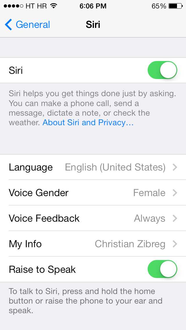 iOS 7.0.4 (Siri language settings, US 001)