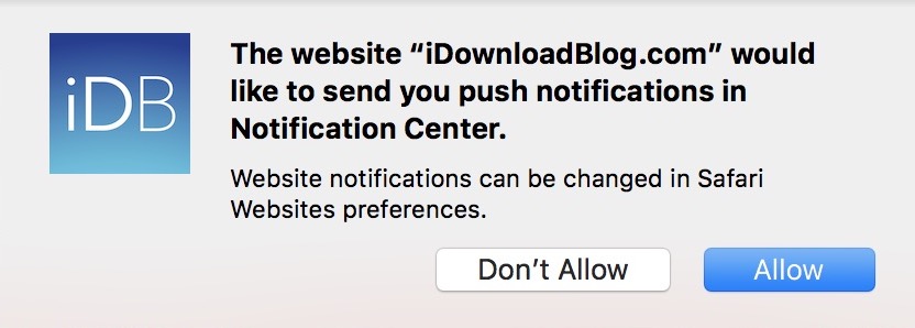 A dialog in macOS asking for user permission to deliver push notifications from the iDownloadBlog.com website 