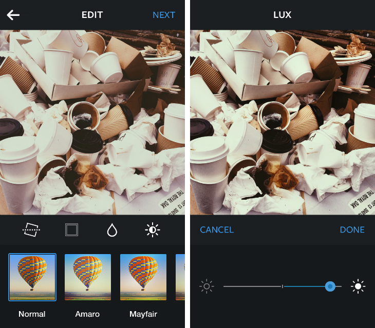 Instagram 5.0.6 for iOS (Lux filter slider)
