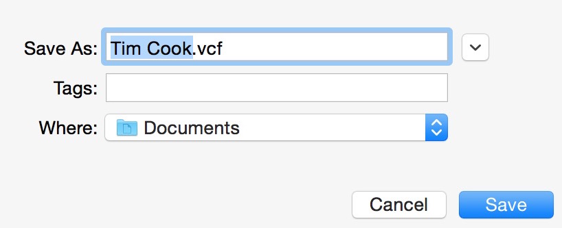 Save a vcf card on Mac