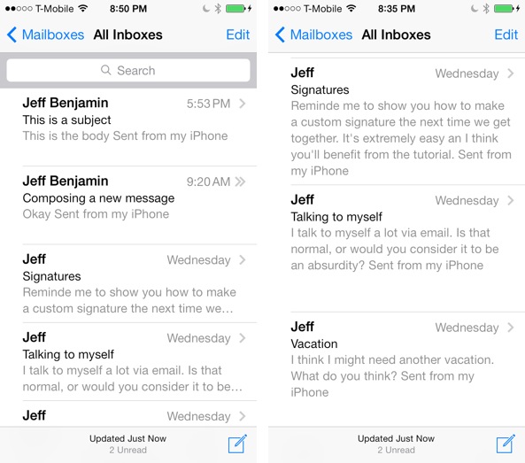 iOS 7 Mail preview 2 vs 5