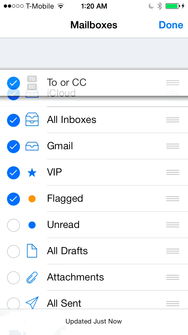 iOS 7 Mail rearranging shortcuts