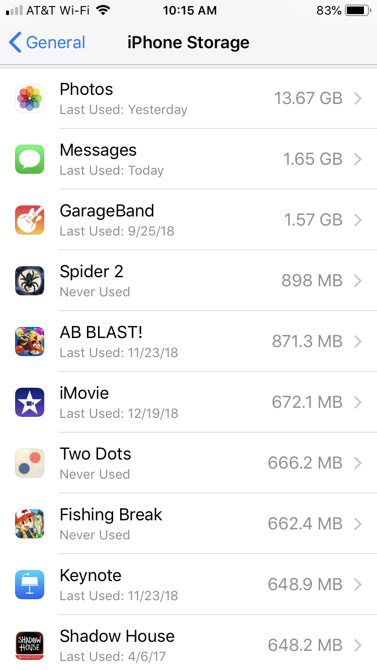 iPhone App List in Storage