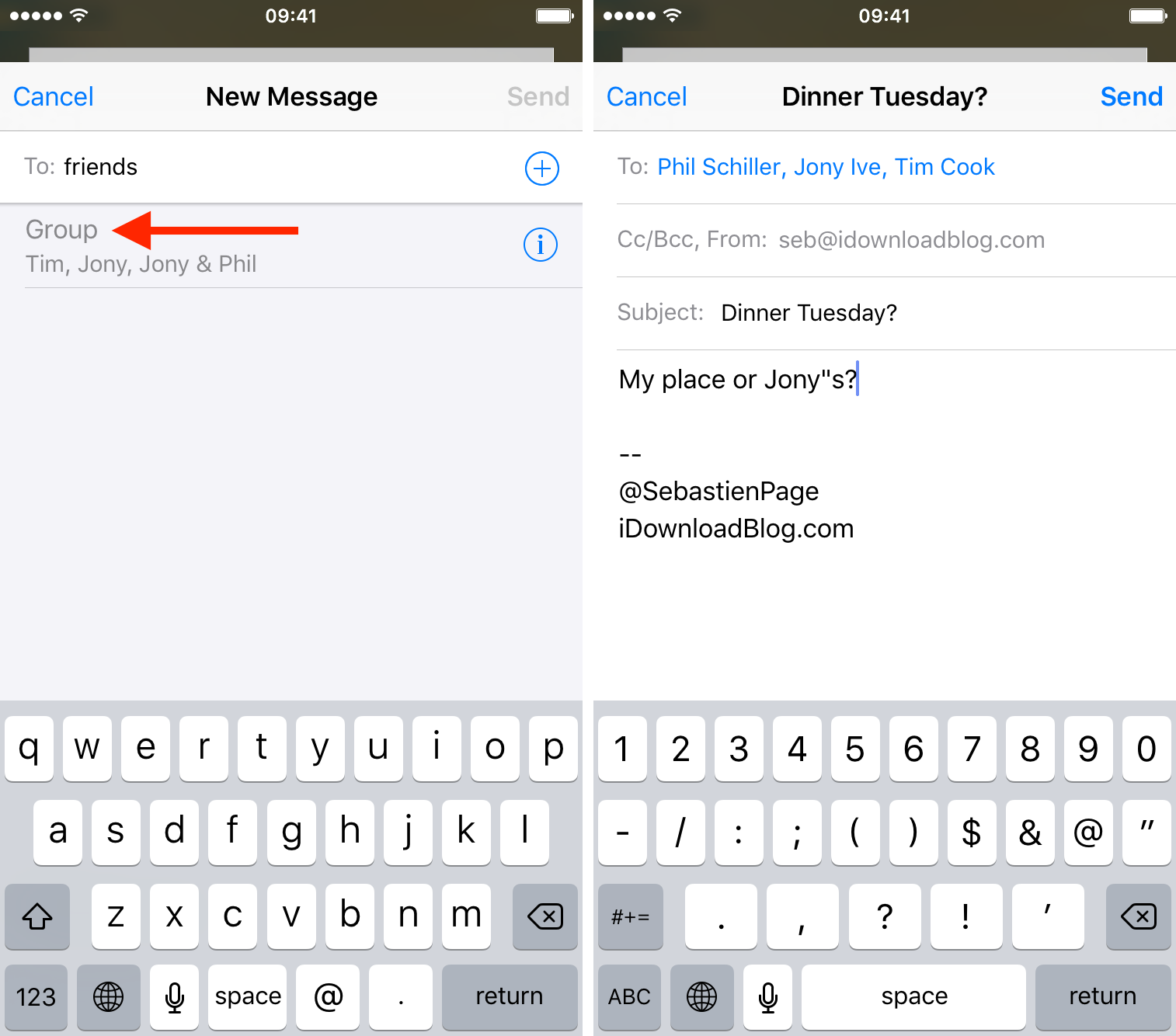send email to a group on iPhone