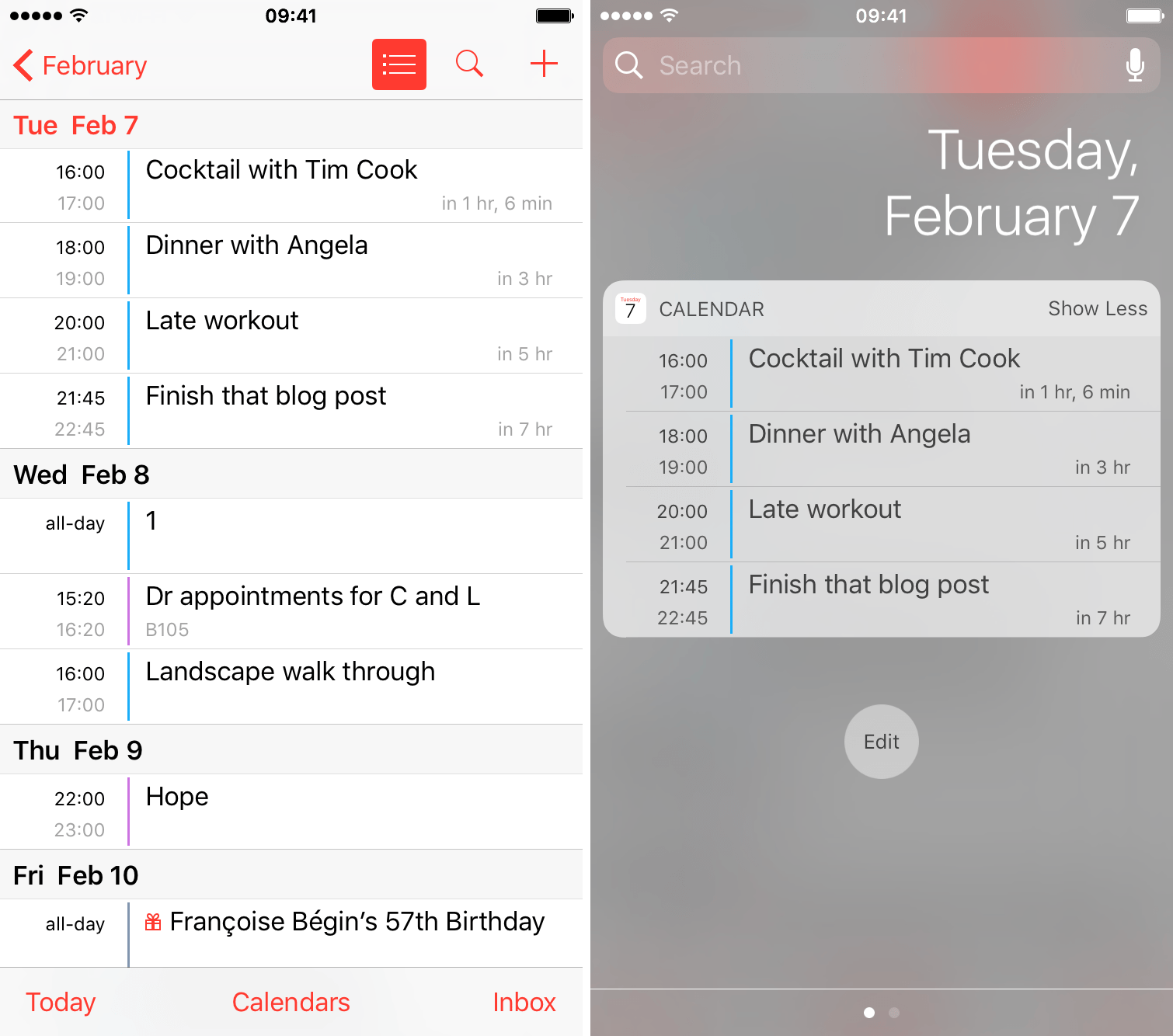 Calendar list widget on iPhone Today view