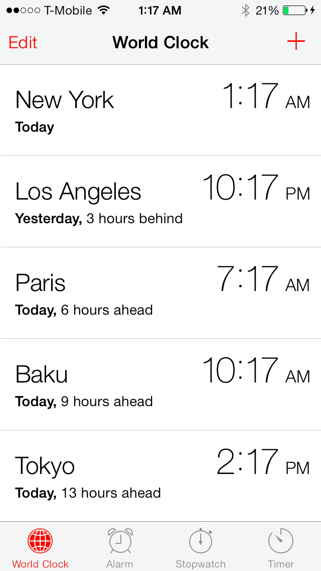 iOS 7 Clock app World Clocks