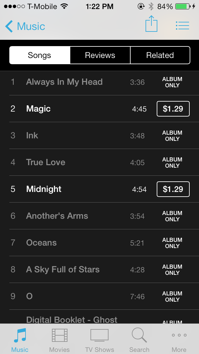 iOS 7 iTunes Store Songs Tab