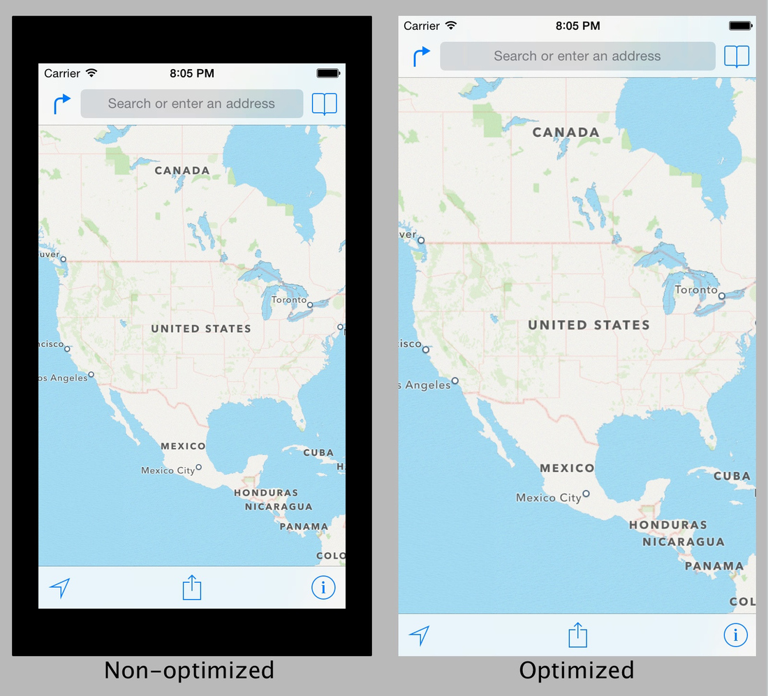 iPhone 6 mockup (Apple Maps, optimized vs non-optimized)