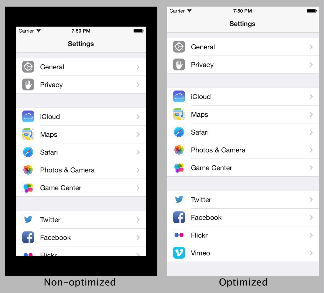 iPhone 6 mockup (Settings, optimized vs non-optimized)