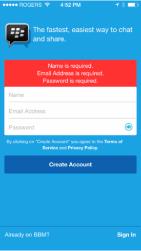BBM 2.2 for iOS (Signup, iPhone screenshot 001)