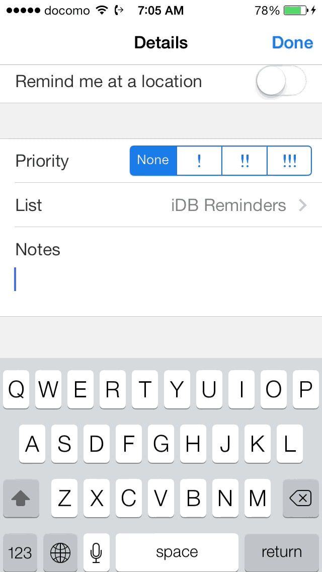 iOS 7 Reminders adding notes