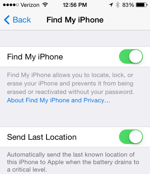 iOS 8 (Find My iPhone, Send Last Location 001)