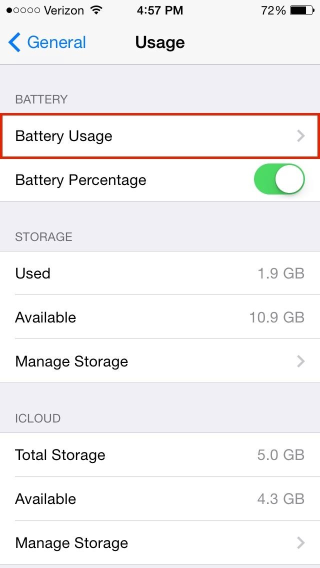 iOS 8 (Settings, General, Usage, Battery Usage 001)
