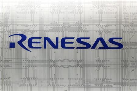 A logo of Japanese chipmaker Renesas Electronics Corp is pictured at the company headquarters in Tokyo