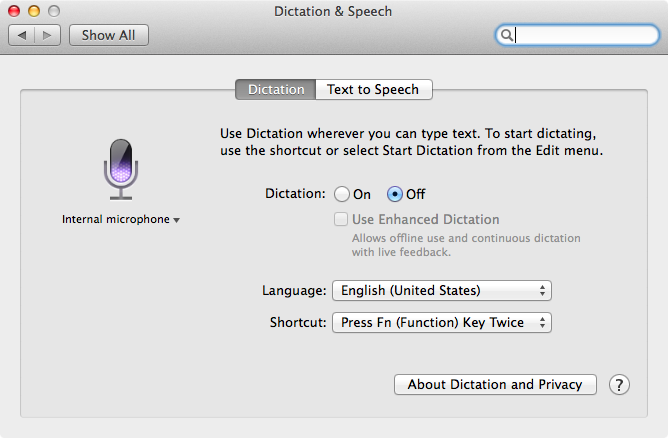 OS X Mavericks (how to Enhanced Dictation, System Preferences, Dictation and Speech 001)