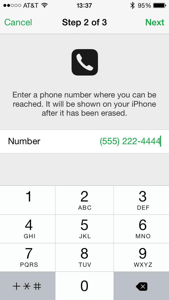 enter phone number erase iphone