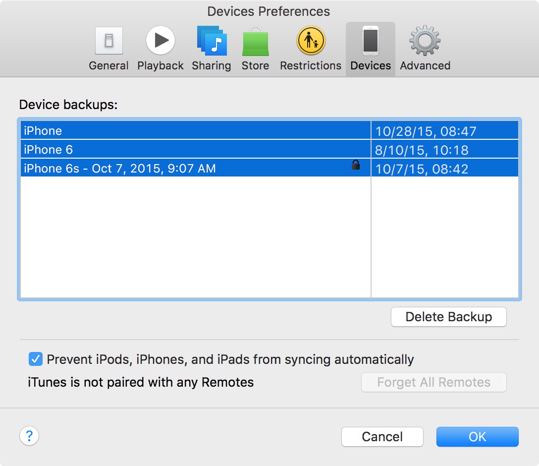 iTunes Preferences Devices delete old backups