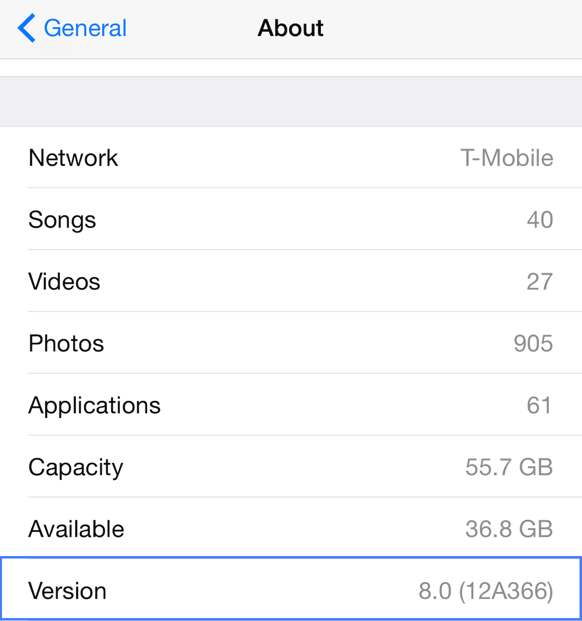 iOS 8.0 general settings