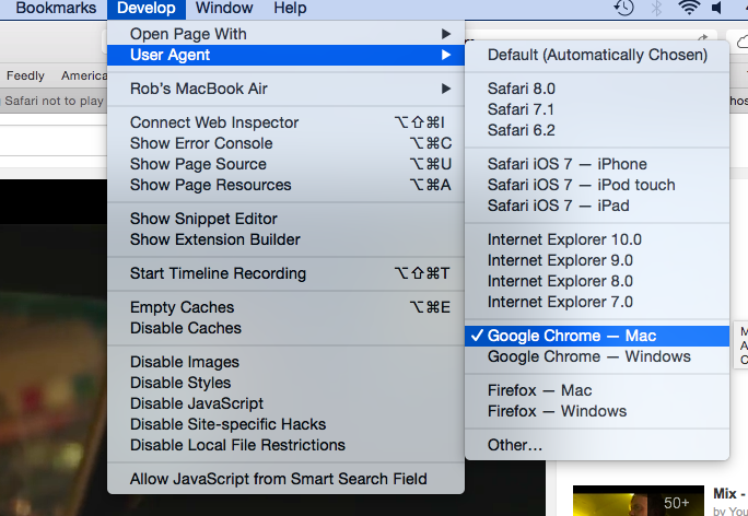 OS X Yosemite (Safari, Develop menu, User agent Chrome)