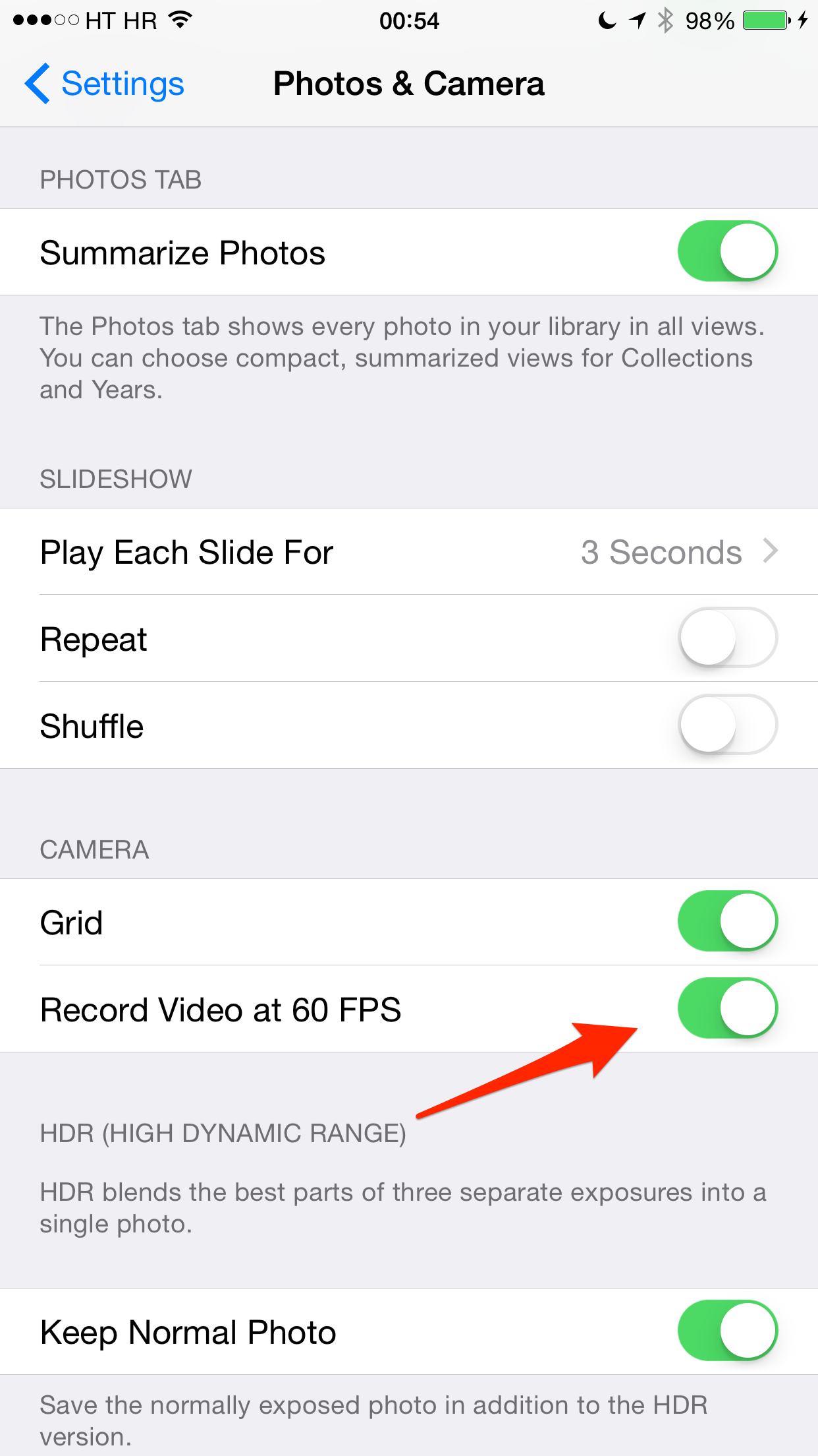 iOS 8 (Settings, Photos and Camera, 60FPS video)
