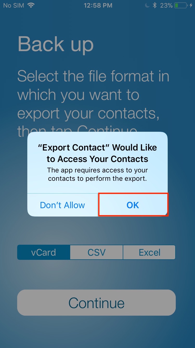 Allow access to Export Contact app
