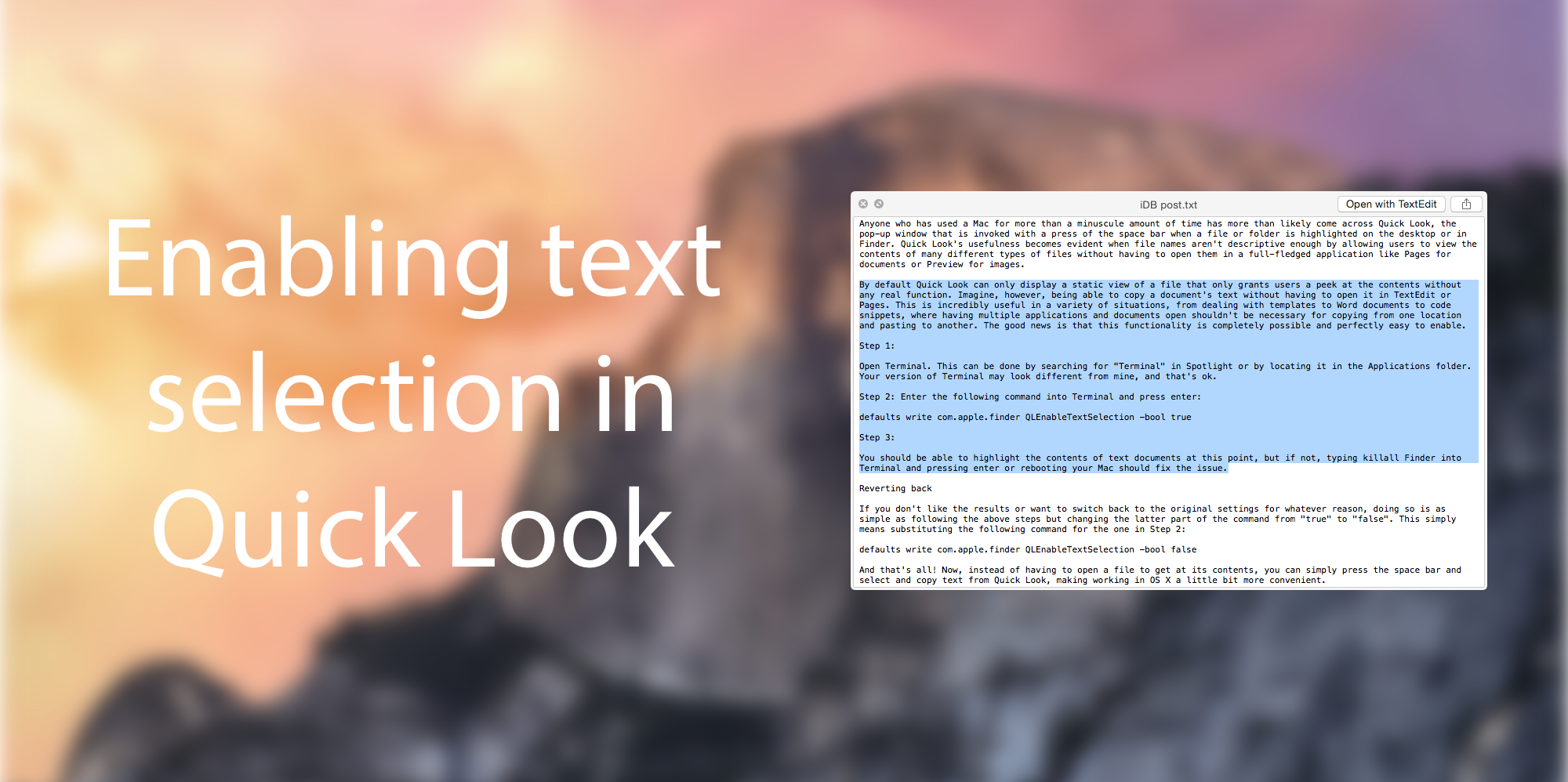 Quick Look text selection